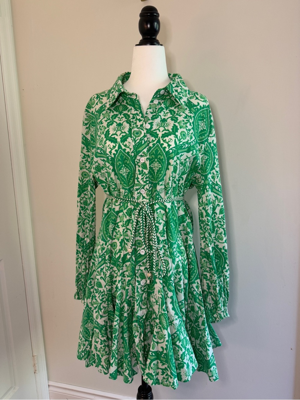 Zara Green and White Printed Long-Sleeve Shirt Dress XXL